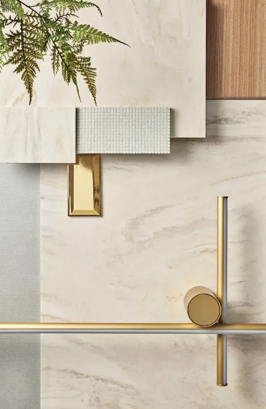 Próbki jasnego Corian® z mosiężną armaturą i delikatnym użyleniem