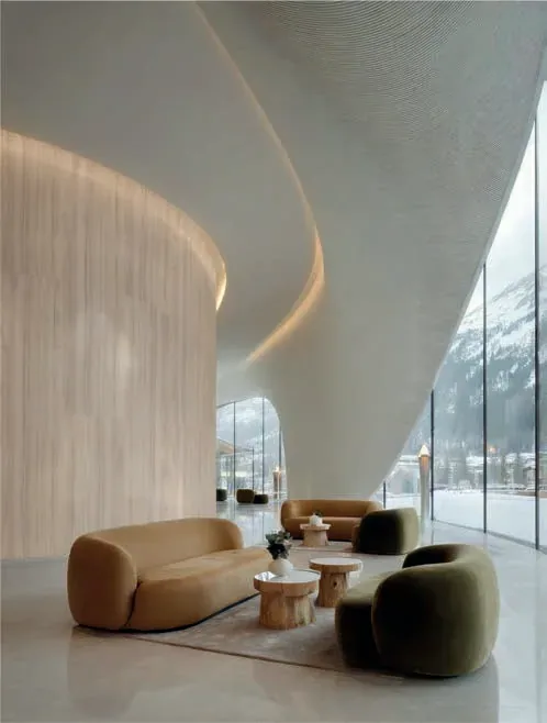 Salon z łukową ścianą z Corian® Travertine Roma