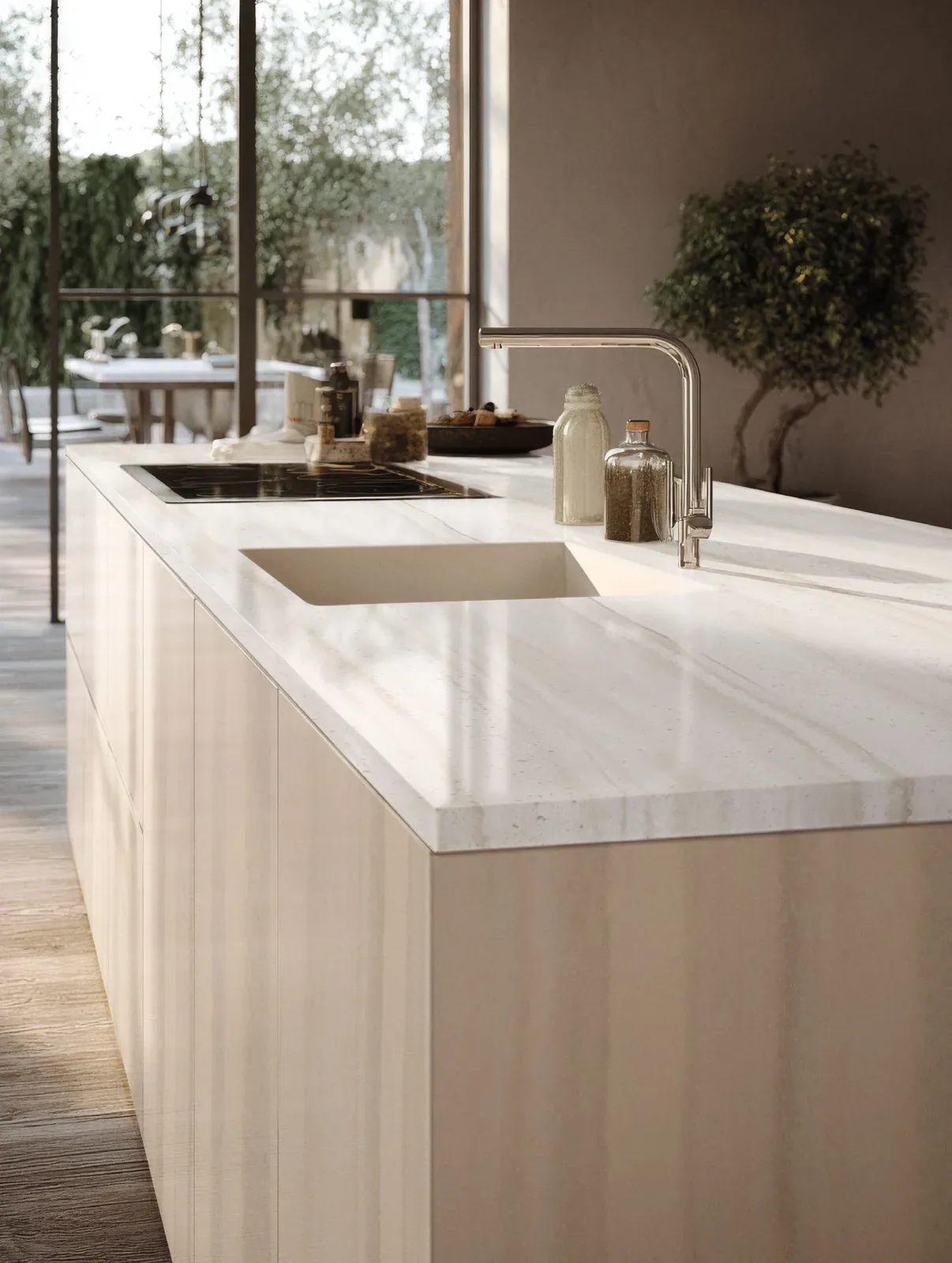 Kuchenna wyspa z blatem Corian® Travertine Firenze i zintegrowanym zlewem