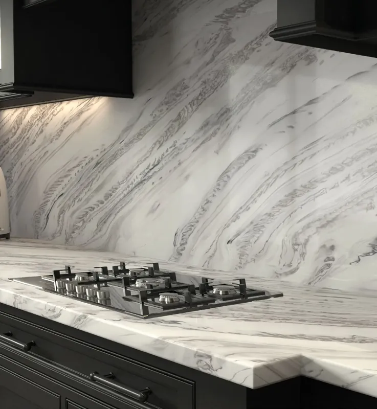 Blat i ściana nad blatem z solid surface w szarym dekorze z szerokim użyleniem