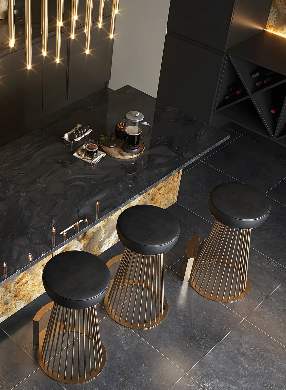 Ciemna wyspa barowa z blatem solid surface Grandex w dekorze marmuru