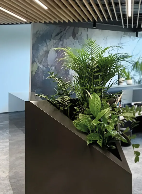 Donica z ciemnego solid surface z drobinami w biurze