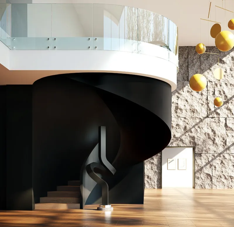 Czarne kręte schody z termoformowaną balustradą z HIMACS Ultra
