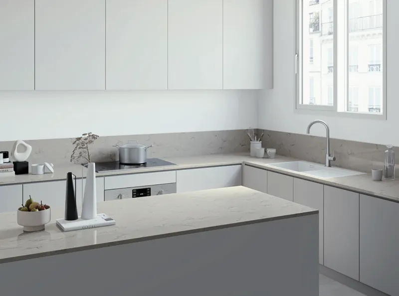 Kuchnia w kształcie litery L z blatami HIMACS Aurora Stone Grey