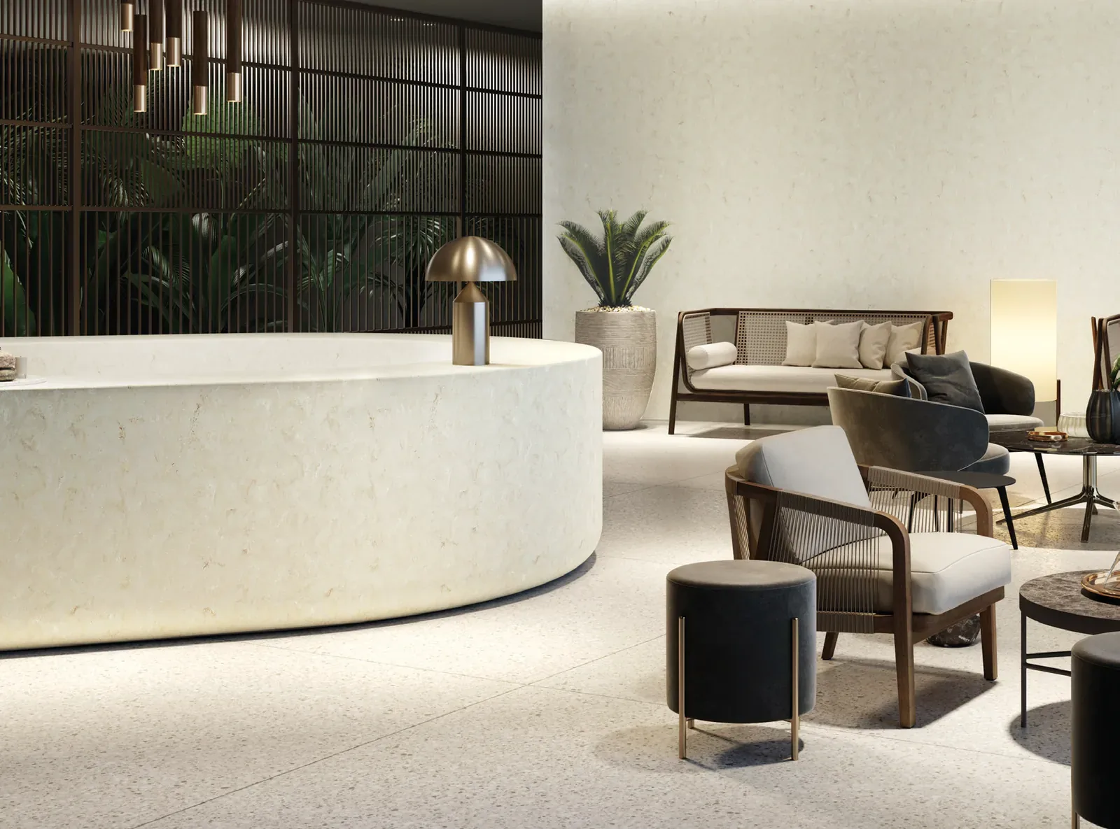 Lobby hotelowe z łukową ladą z HIMACS Aurora Bisque i fotelami