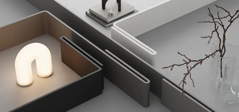 Termoformowane półki i wnęki z ciemnego HIMACS Intense Ultra z podświetleniem