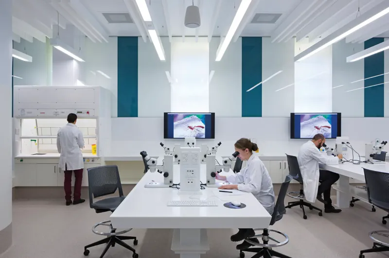 Laboratorium dydaktyczne z białymi stołami ze Staron Aspen Glacier