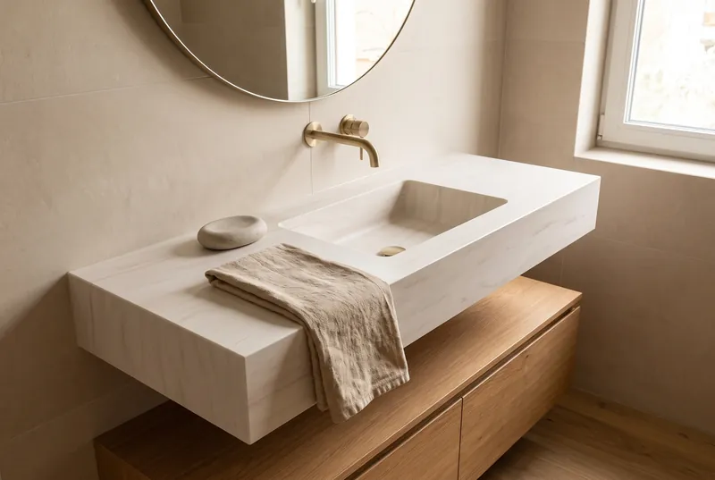Wizualizacja: wisząca umywalka z blatem z jednego kawałka solid surface w łazience