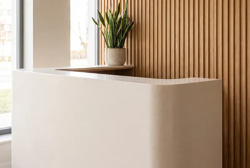 Wizualizacja: lada recepcyjna z termoformowanym narożnikiem z jasnego solid surface