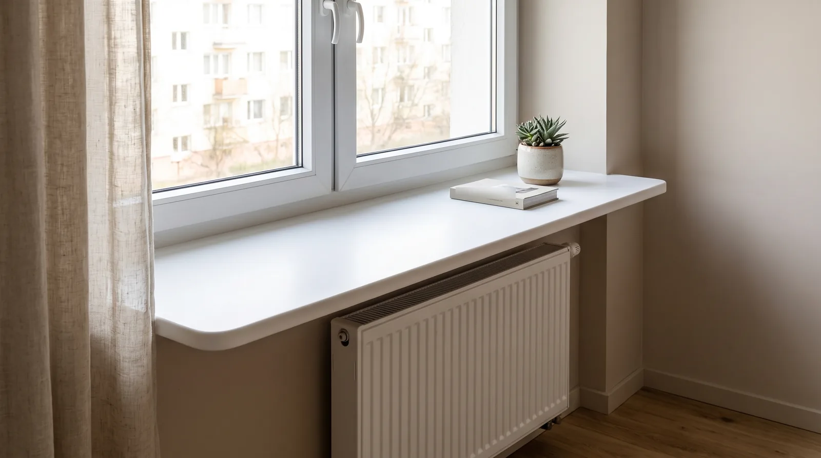 Wizualizacja: biały parapet solid surface nad grzejnikiem w mieszkaniu w bloku