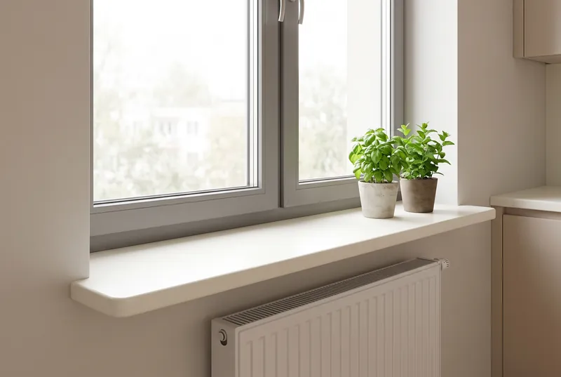 Wizualizacja: parapet z zaokrągloną krawędzią w kuchni w bloku, zioła na parapecie